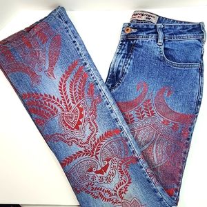 VTG Parasuco jeans Extreme Fit Denim Blue Jeans Red Henna Print (31)